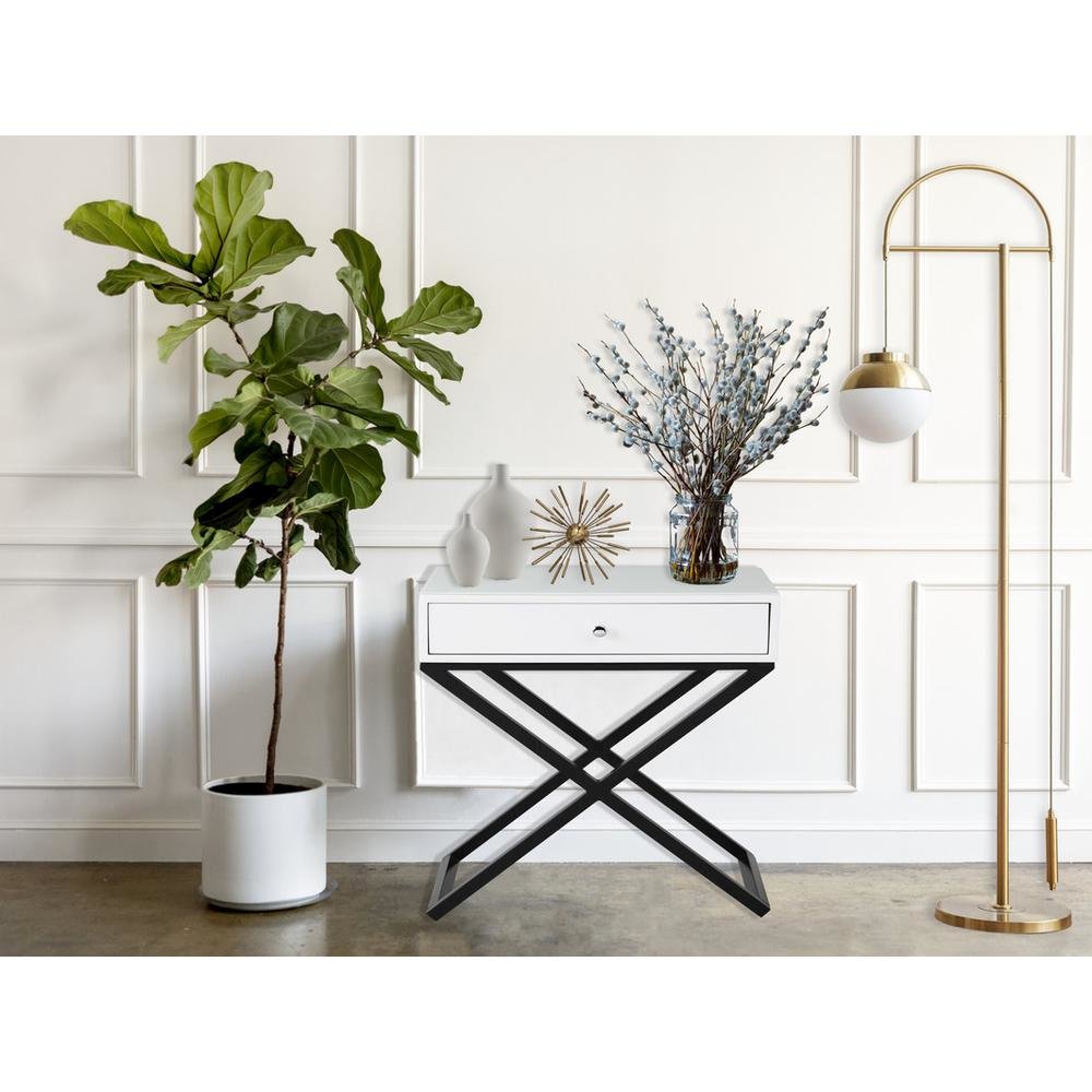 Koda White Wooden End Side Table Nightstand with Glass Top, Drawer and Metal Cross Base. Picture 4
