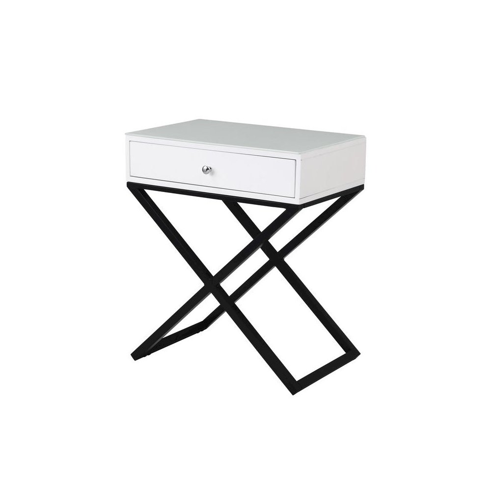 Koda White Wooden End Side Table Nightstand with Glass Top, Drawer and Metal Cross Base. Picture 1