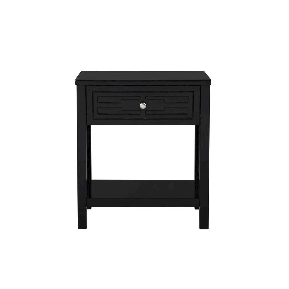 Dylan Black Wooden End Side Table Nightstand with Glass Top and Drawer. Picture 2