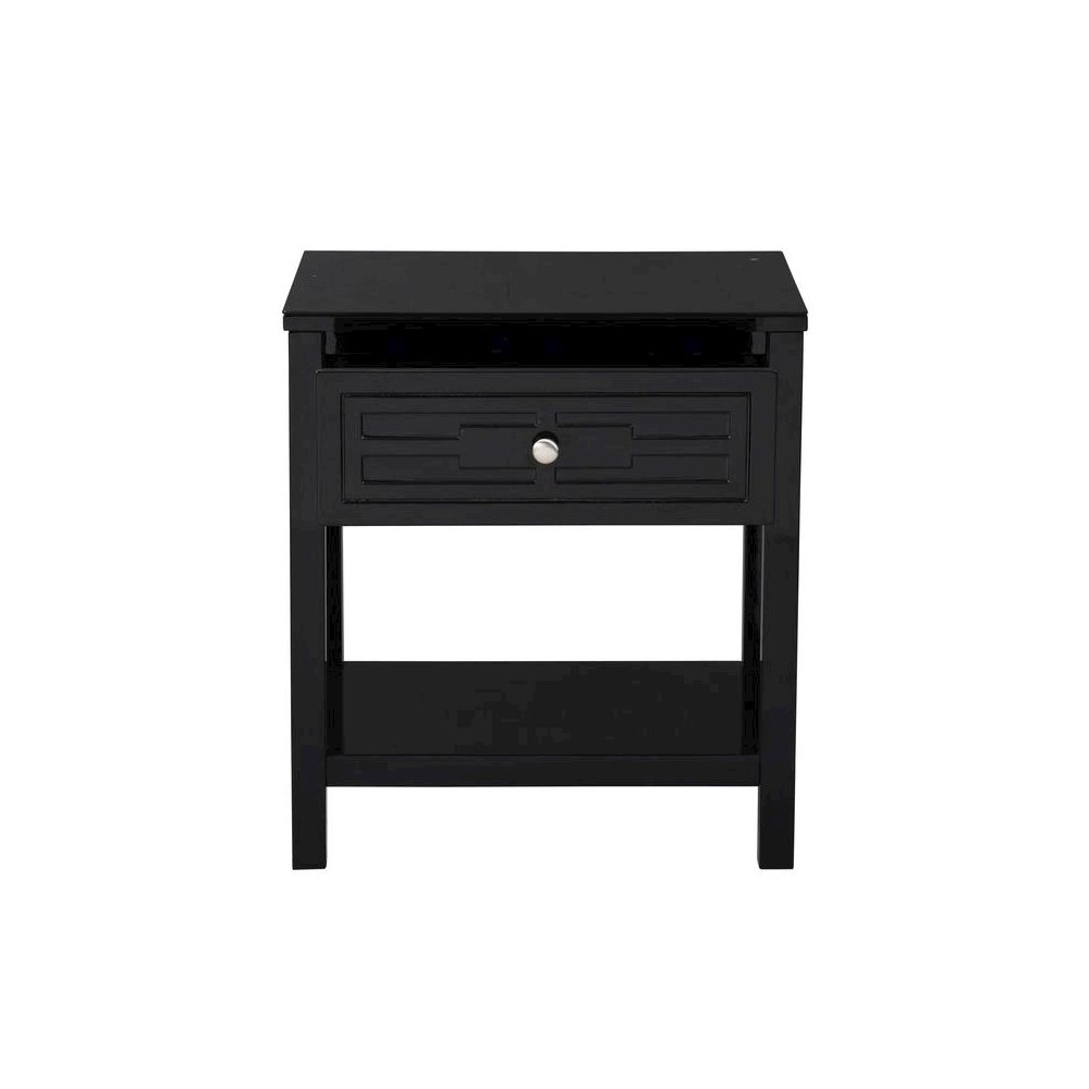 Dylan Black Wooden End Side Table Nightstand with Glass Top and Drawer. Picture 3