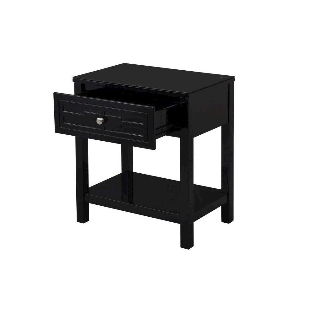 Dylan Black Wooden End Side Table Nightstand with Glass Top and Drawer. Picture 5
