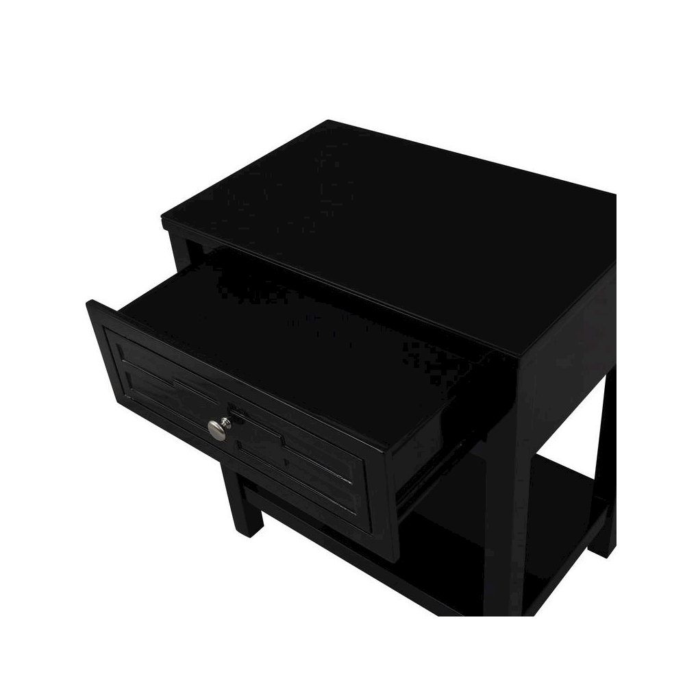 Dylan Black Wooden End Side Table Nightstand with Glass Top and Drawer. Picture 6