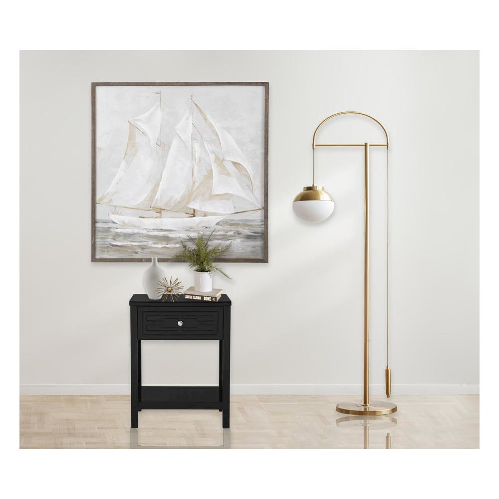 Dylan Black Wooden End Side Table Nightstand with Glass Top and Drawer. Picture 4