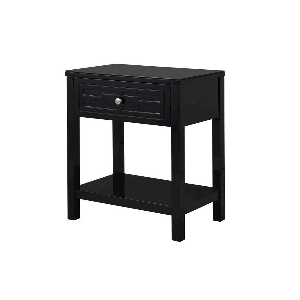 Dylan Black Wooden End Side Table Nightstand with Glass Top and Drawer. Picture 1