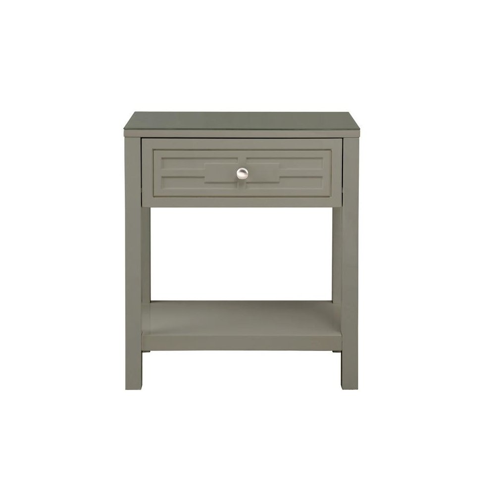 Dylan Taupe Wooden End Side Table Nightstand with Glass Top and Drawer. Picture 2