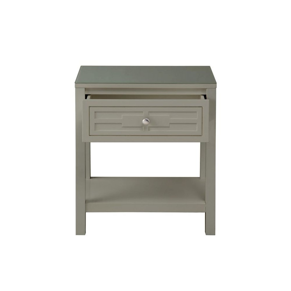 Dylan Taupe Wooden End Side Table Nightstand with Glass Top and Drawer. Picture 3
