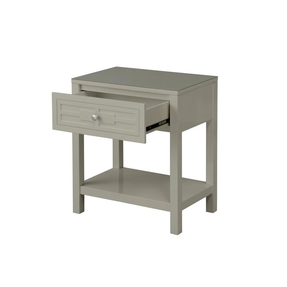 Dylan Taupe Wooden End Side Table Nightstand with Glass Top and Drawer. Picture 5