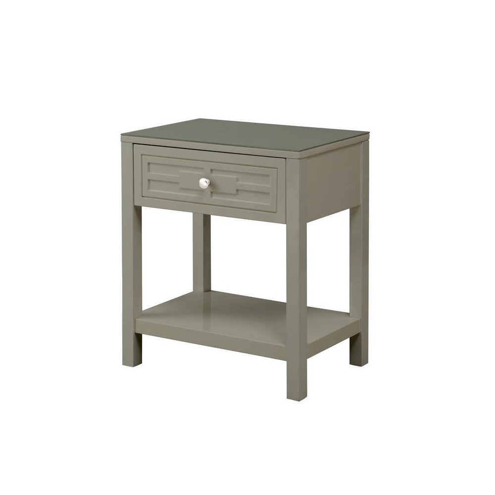 Dylan Taupe Wooden End Side Table Nightstand with Glass Top and Drawer. Picture 1
