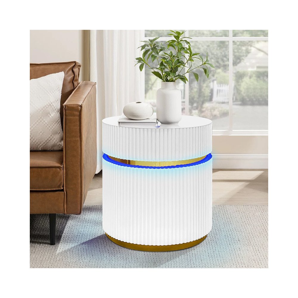19.5" Round White Side Table with Glass Top and LED Lights. Picture 2