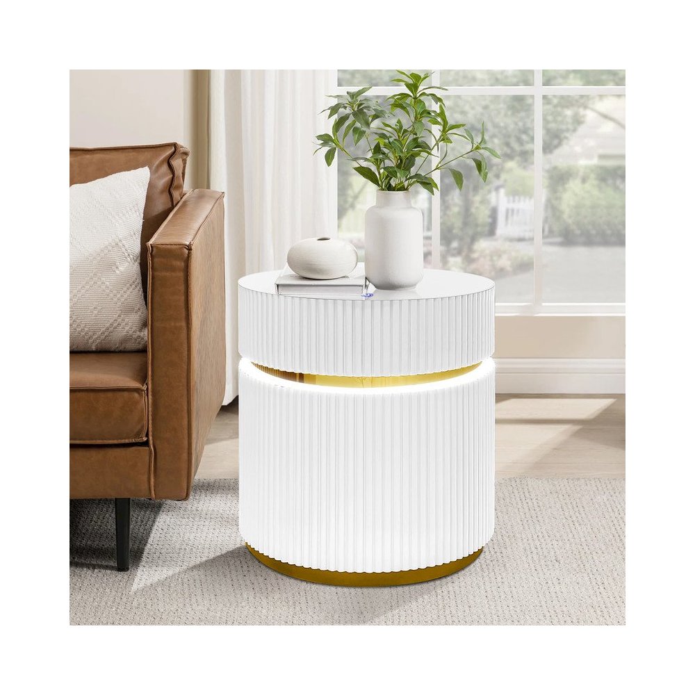 19.5" Round White Side Table with Glass Top and LED Lights. Picture 3