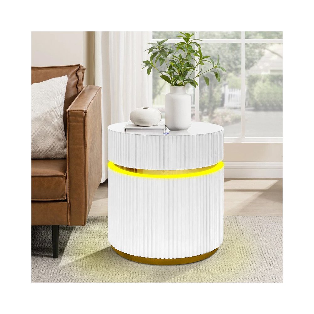 19.5" Round White Side Table with Glass Top and LED Lights. Picture 4