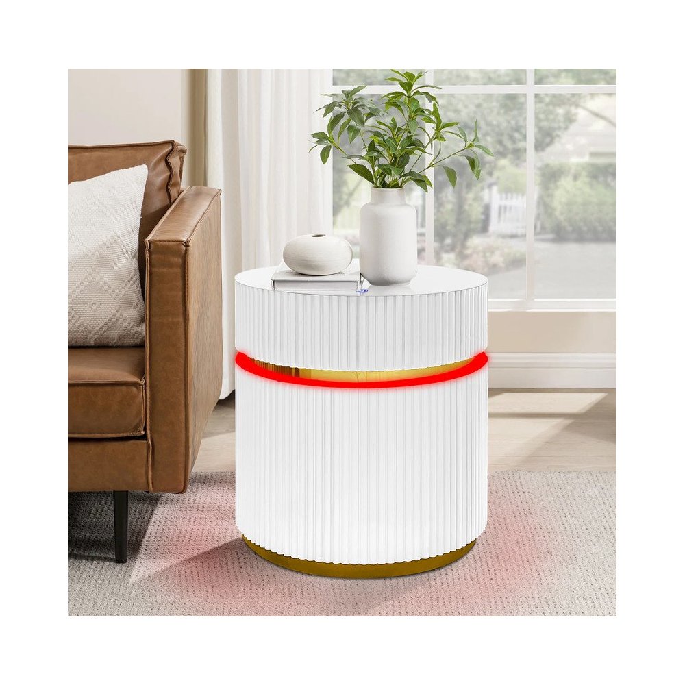 19.5" Round White Side Table with Glass Top and LED Lights. Picture 5