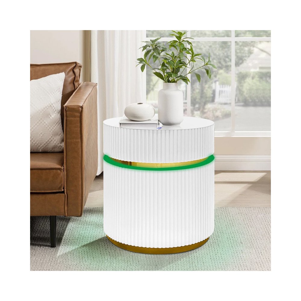 19.5" Round White Side Table with Glass Top and LED Lights. Picture 6
