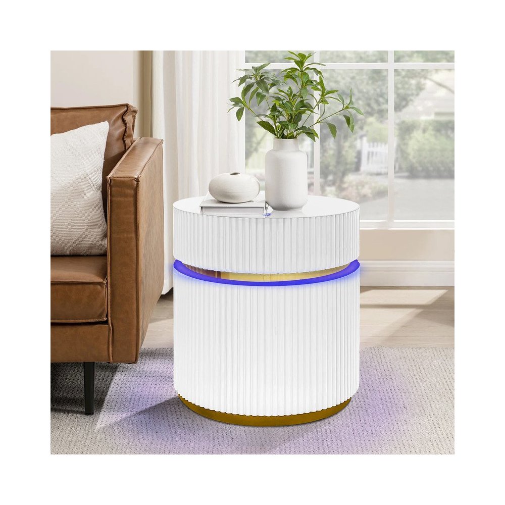 19.5" Round White Side Table with Glass Top and LED Lights. Picture 7