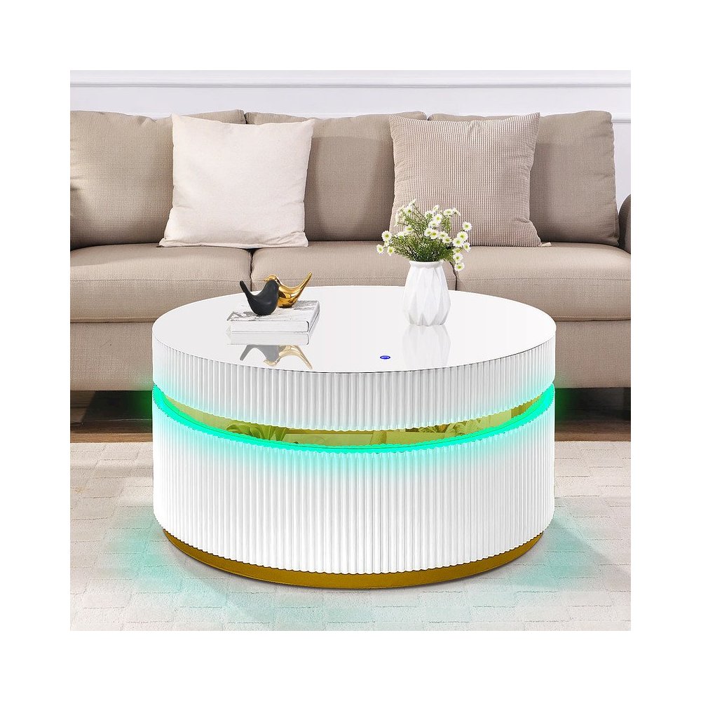 39" Round White Coffee Table with Glass Top and LED Lights. Picture 4