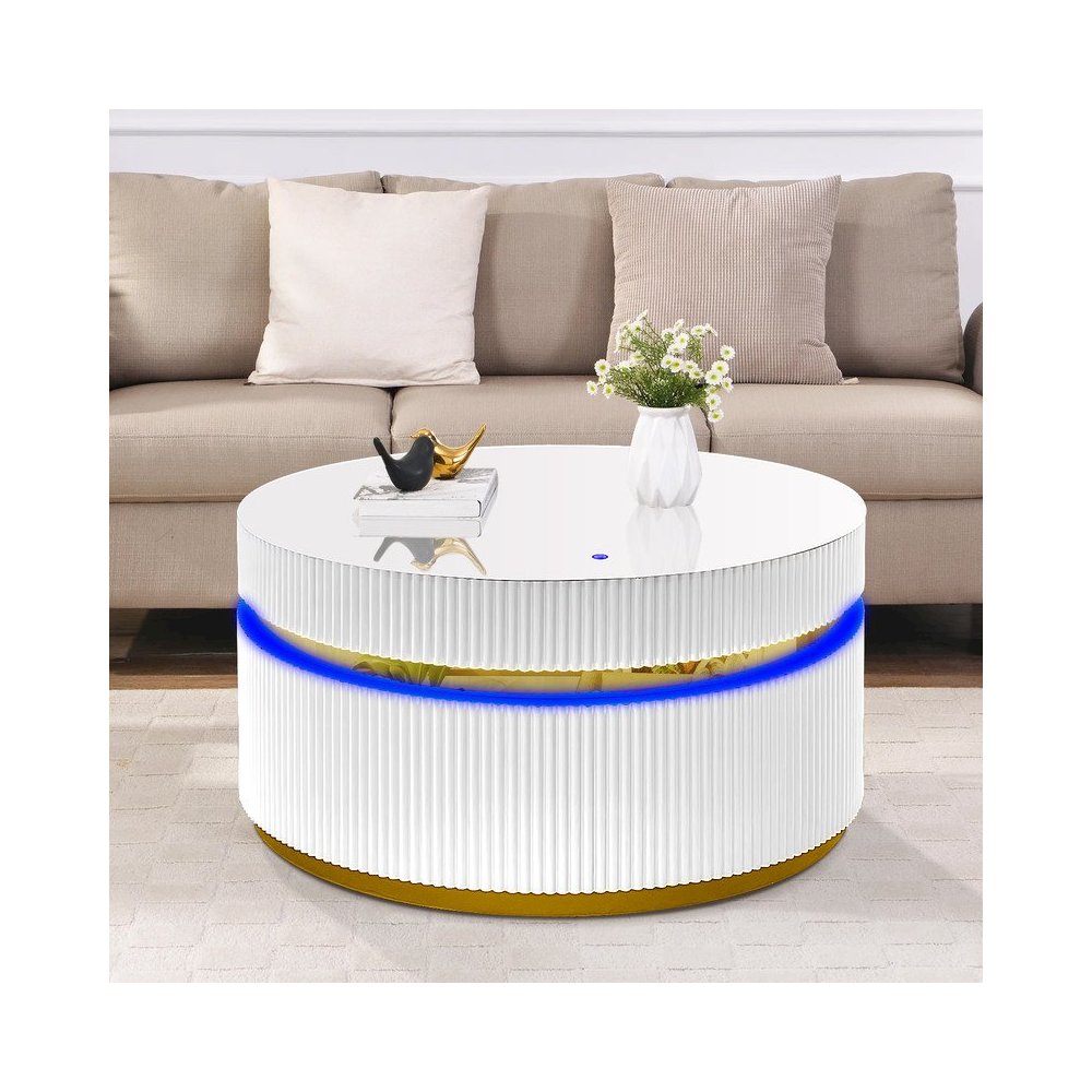 39" Round White Coffee Table with Glass Top and LED Lights. Picture 2