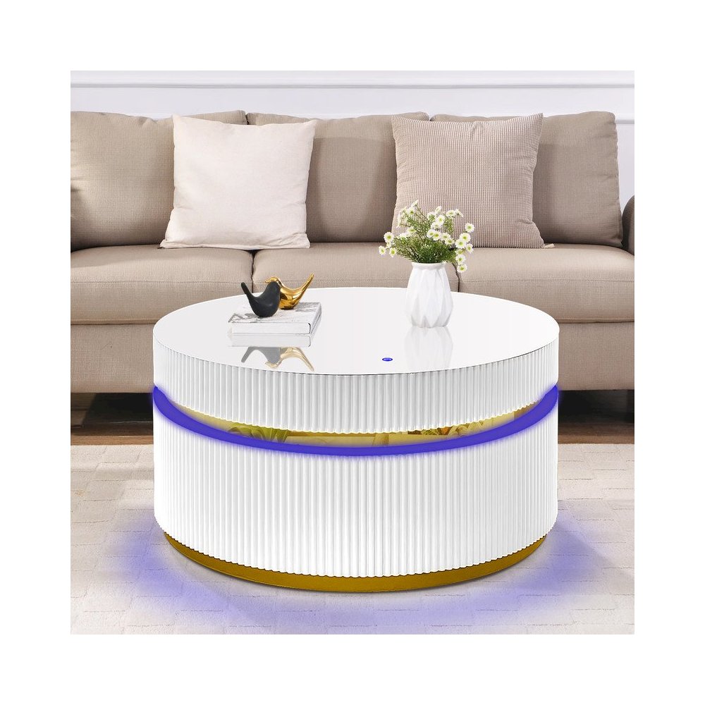 39" Round White Coffee Table with Glass Top and LED Lights. Picture 3