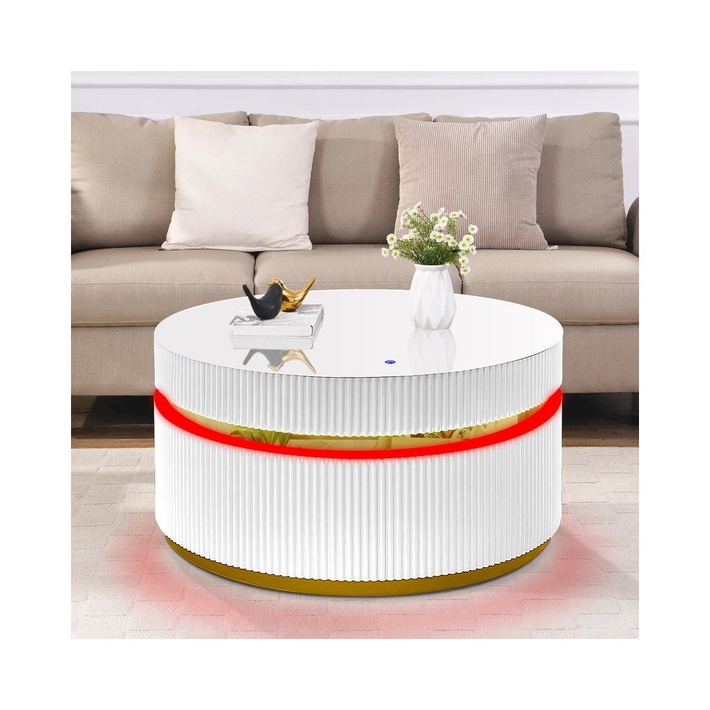 39" Round White Coffee Table with Glass Top and LED Lights. Picture 5