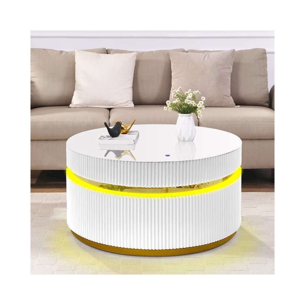 39" Round White Coffee Table with Glass Top and LED Lights. Picture 6