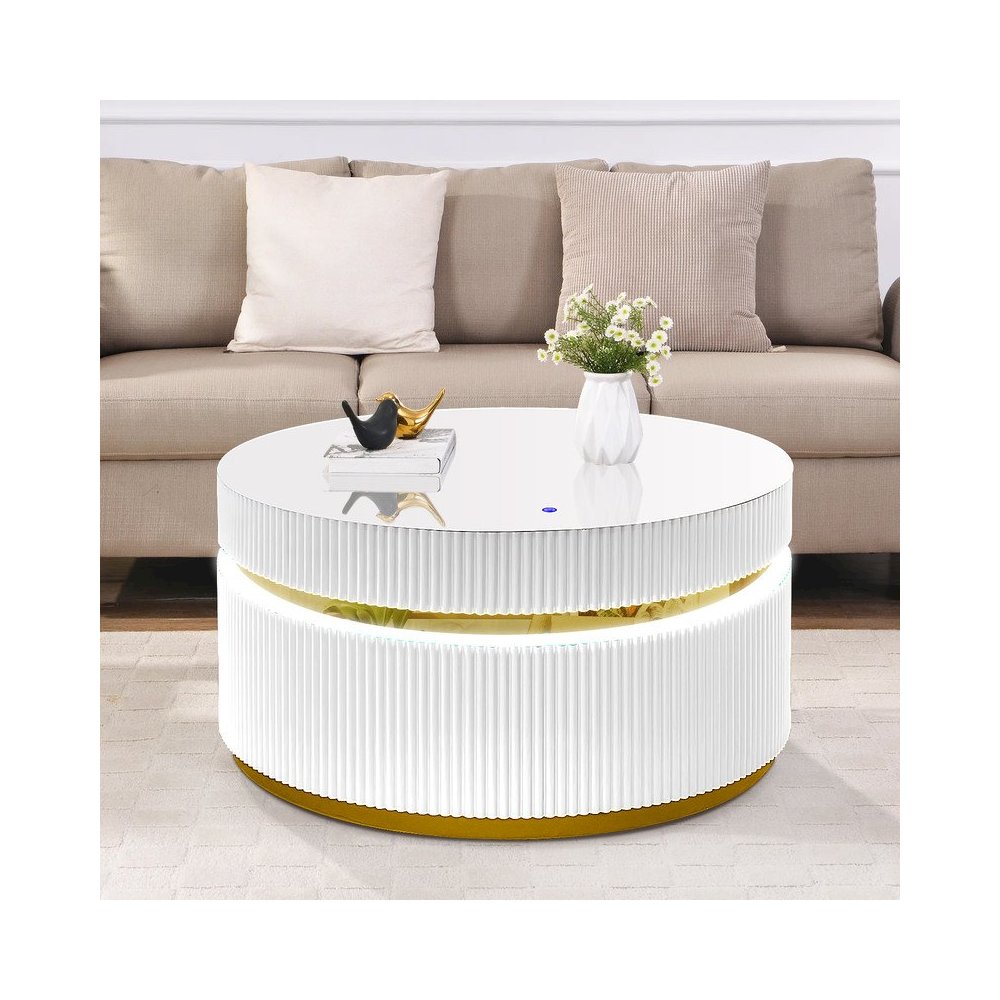 39" Round White Coffee Table with Glass Top and LED Lights. Picture 7