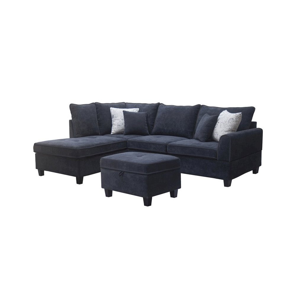 99.5"W Black Fabric Sectional Sofa with Left-Facing Chaise Storage Ottoman. Picture 1