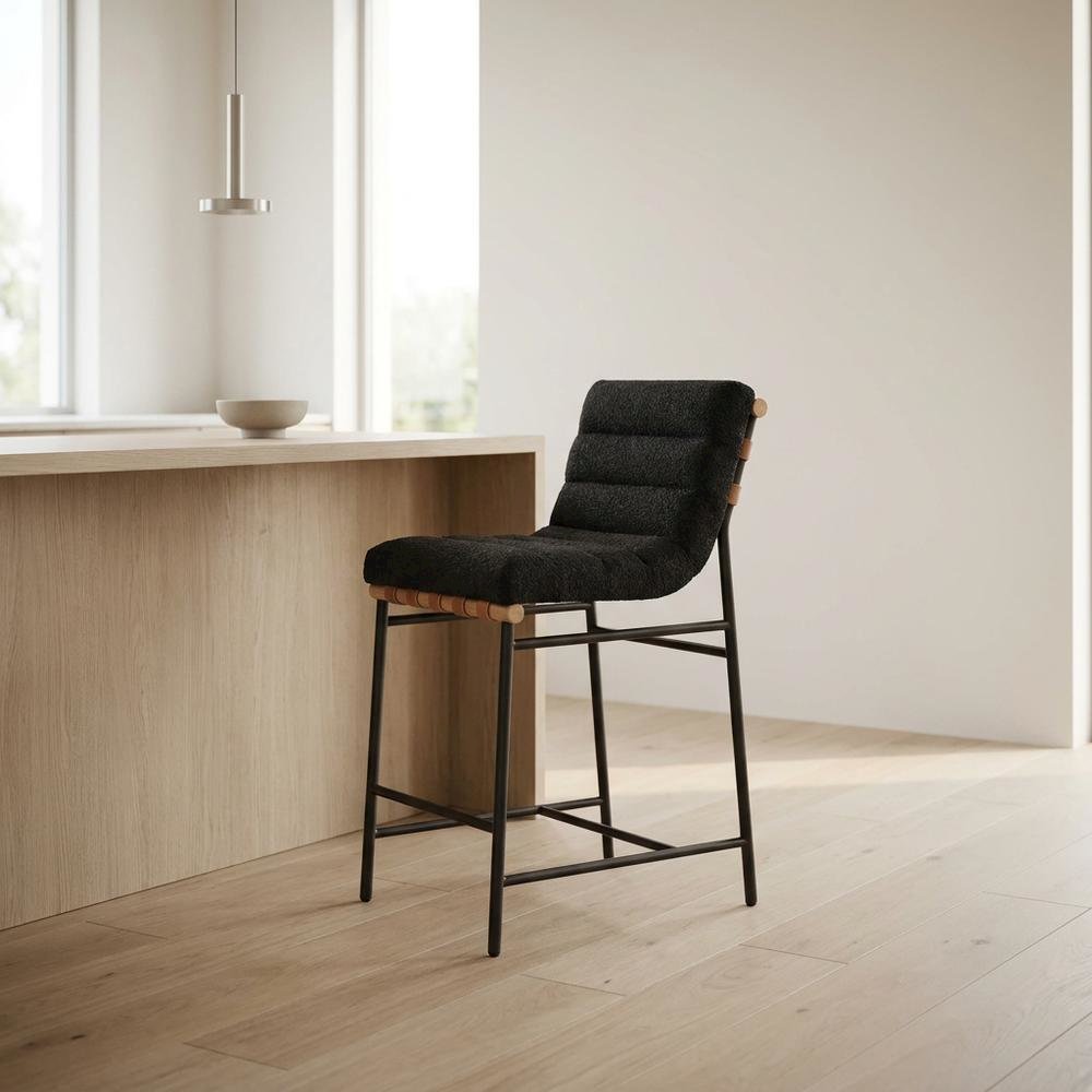 Black Boucle Fabric Counter Height Stool with Steel and Wood Frame. Picture 3