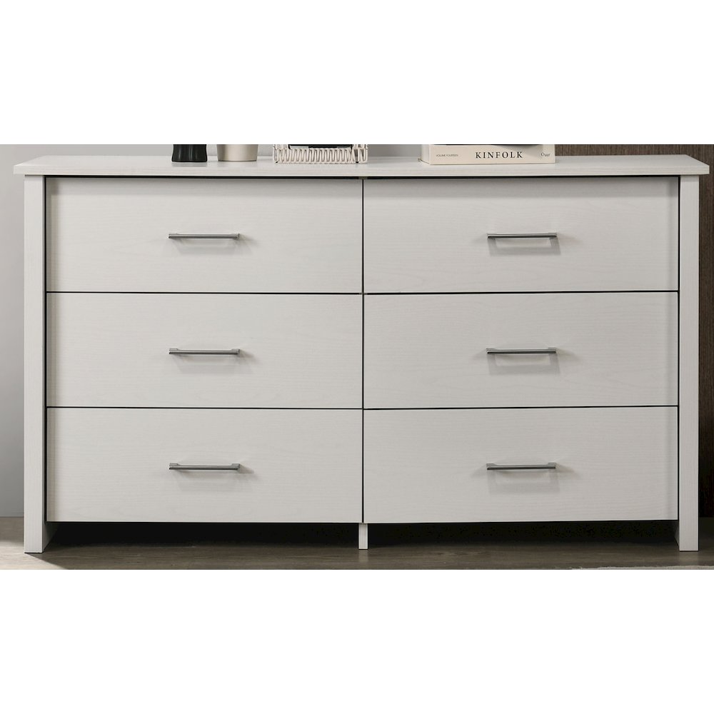 Celeste 57"W White 6-Drawer Dresser with Silver Handles. Picture 1