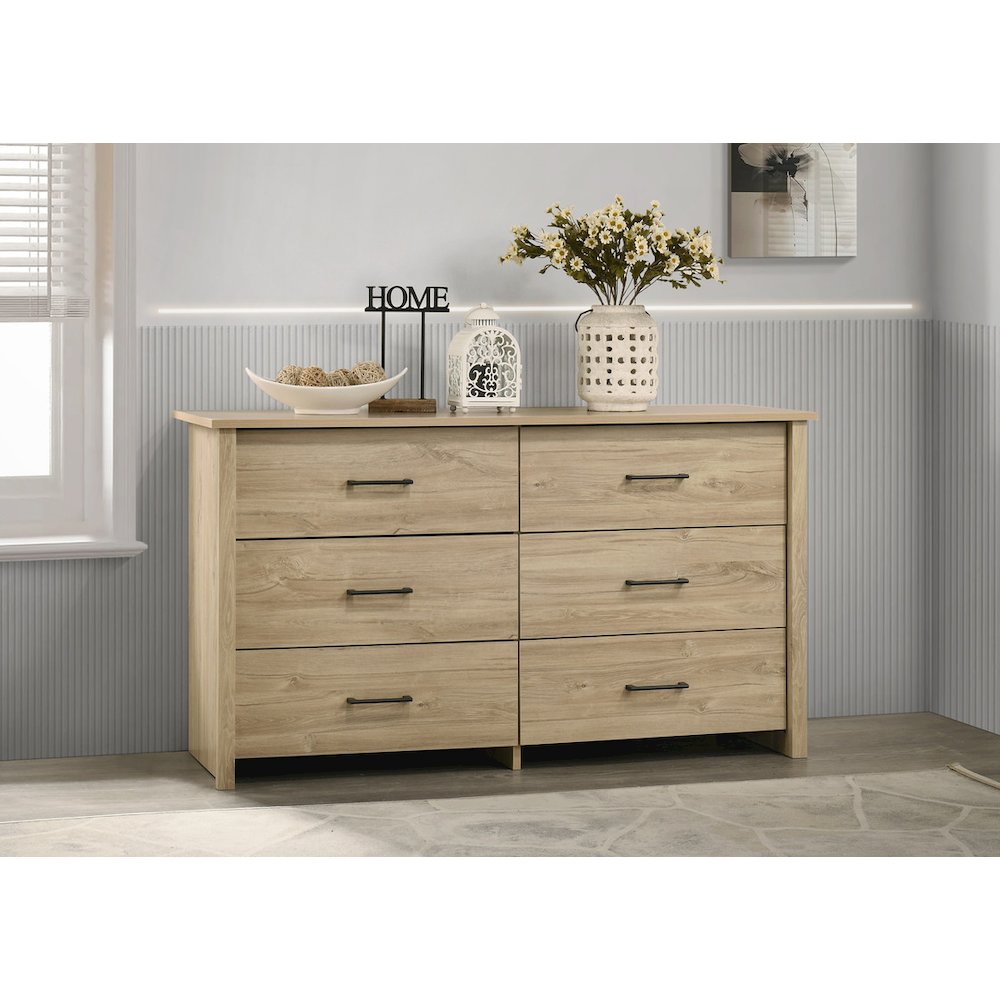 Celeste 57"W Light Oak Finish 6-Drawer Dresser with Black Handles. Picture 6