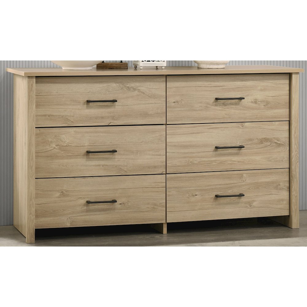 Celeste 57"W Light Oak Finish 6-Drawer Dresser with Black Handles. Picture 1
