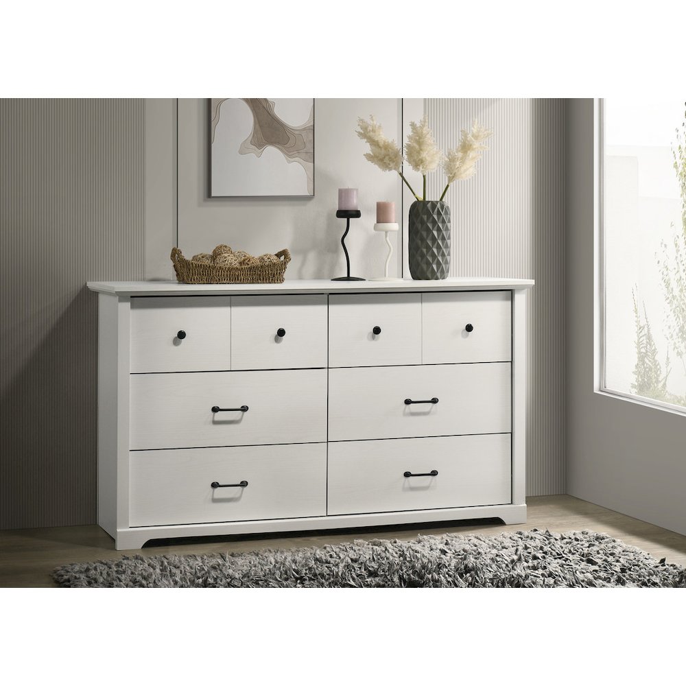 Elara 57"W White 6-Drawer Dresser with Black Handles. Picture 7