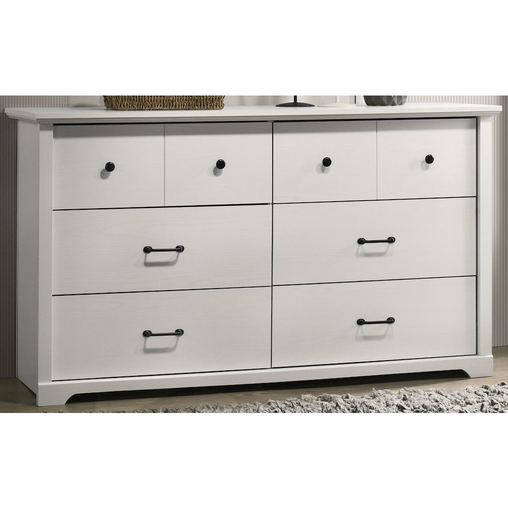 Elara 57"W White 6-Drawer Dresser with Black Handles. Picture 1