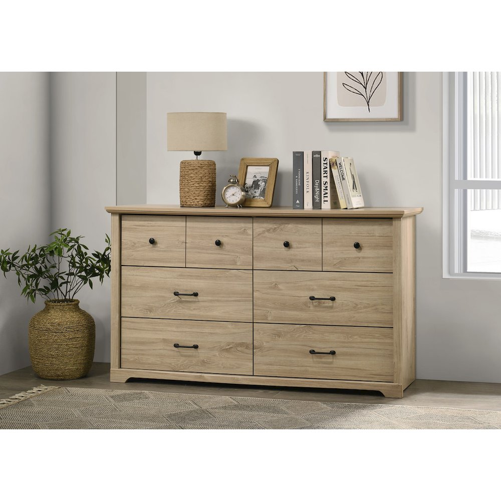 Elara 57"W Light Oak Finish 6-Drawer Dresser with Black Handles. Picture 7