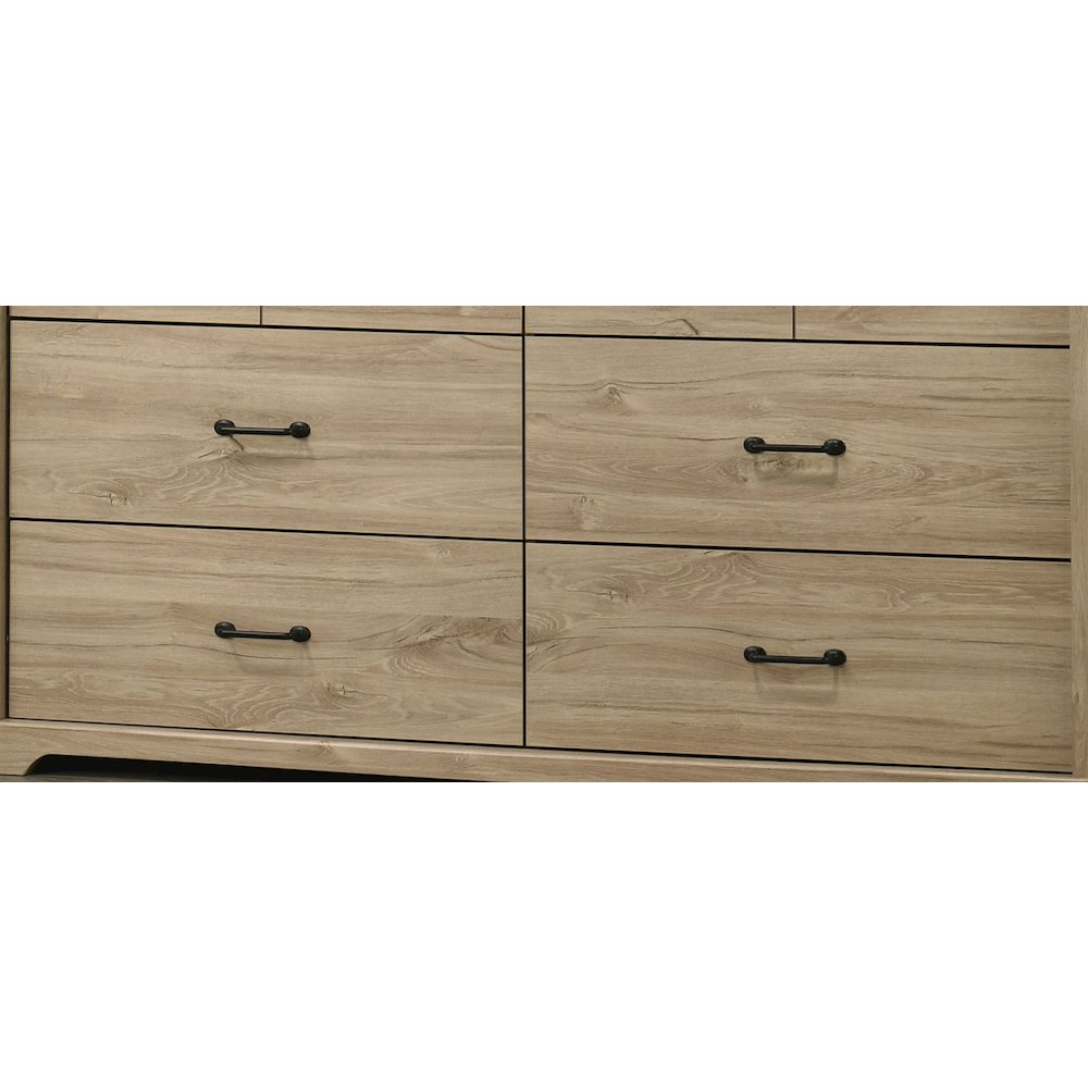 Elara 57"W Light Oak Finish 6-Drawer Dresser with Black Handles. Picture 5