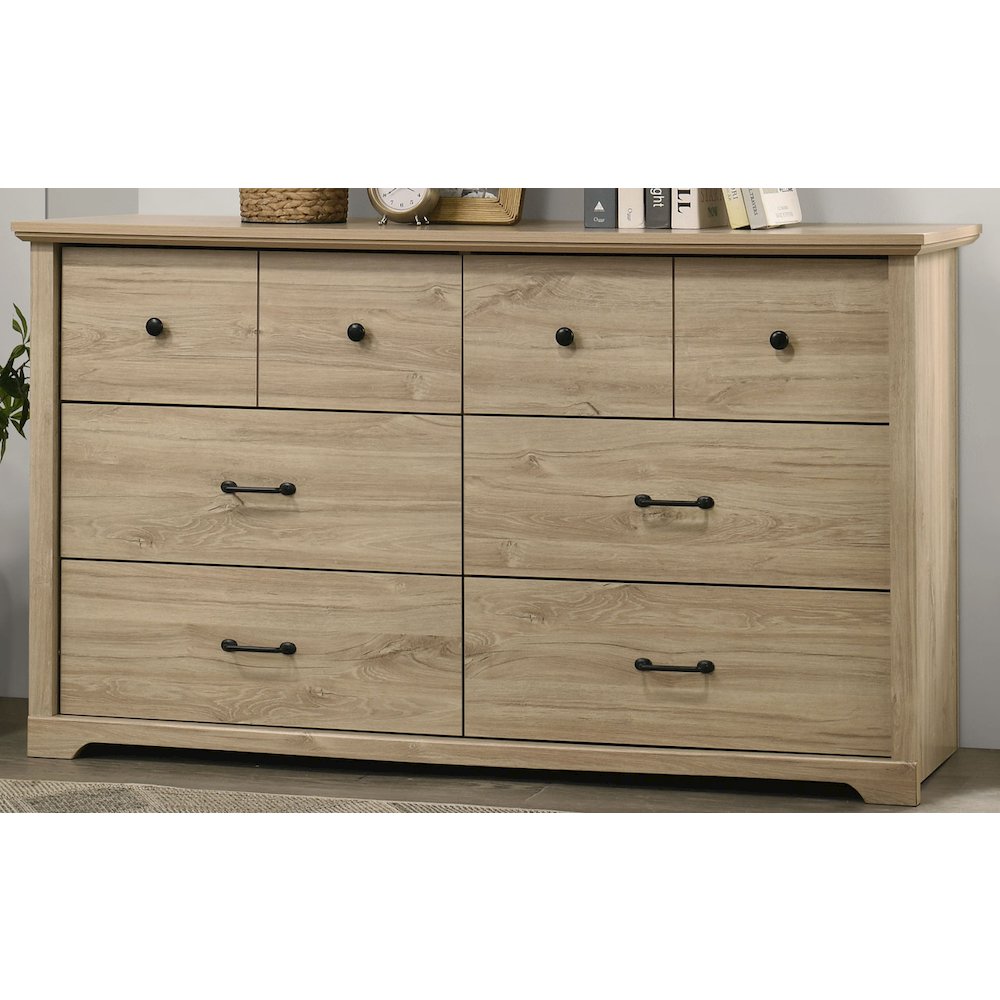 Elara 57"W Light Oak Finish 6-Drawer Dresser with Black Handles. Picture 1
