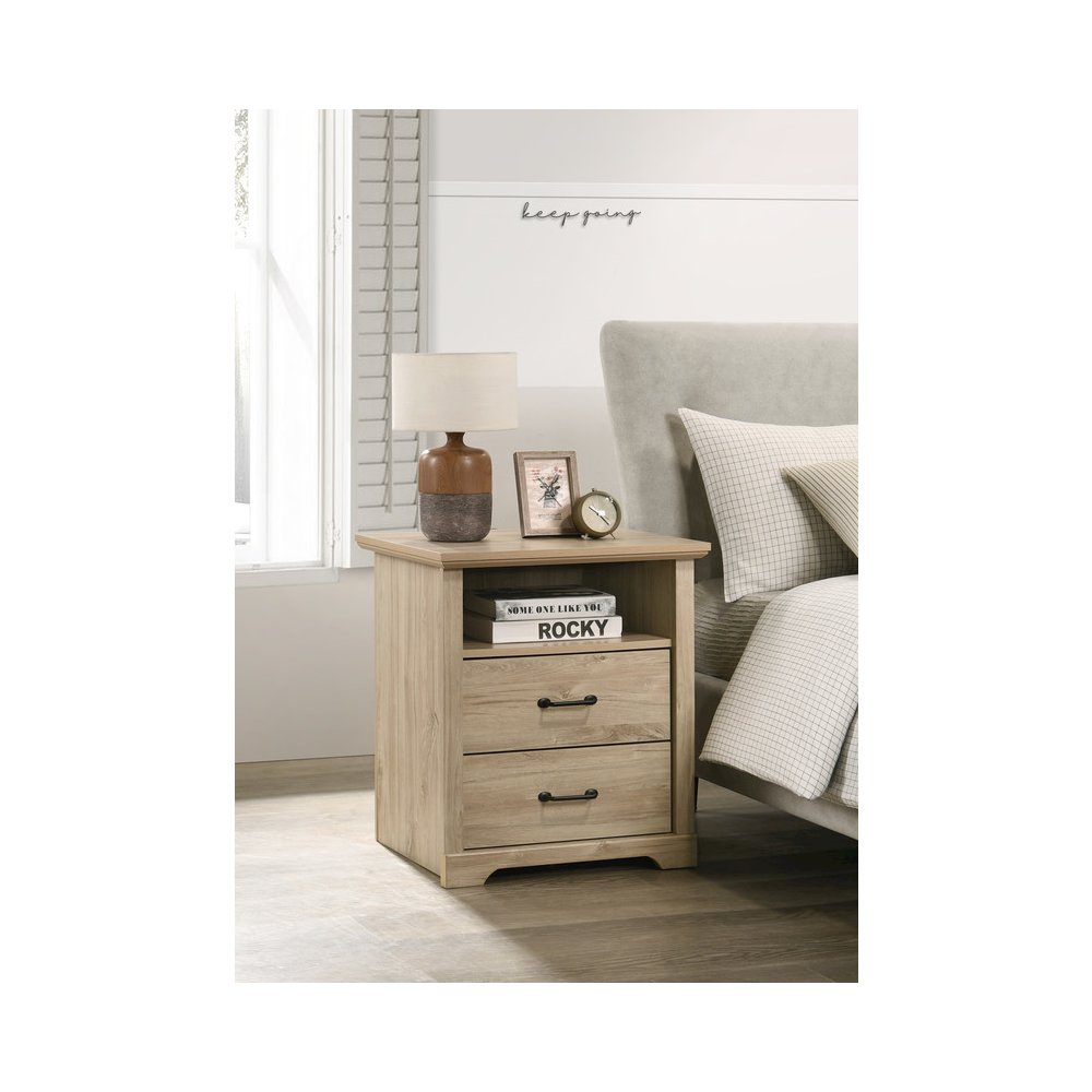 22"W Light Oak Finish 2-Drawer Nightstand Bedside Table with USB Charging  Ports. Picture 8