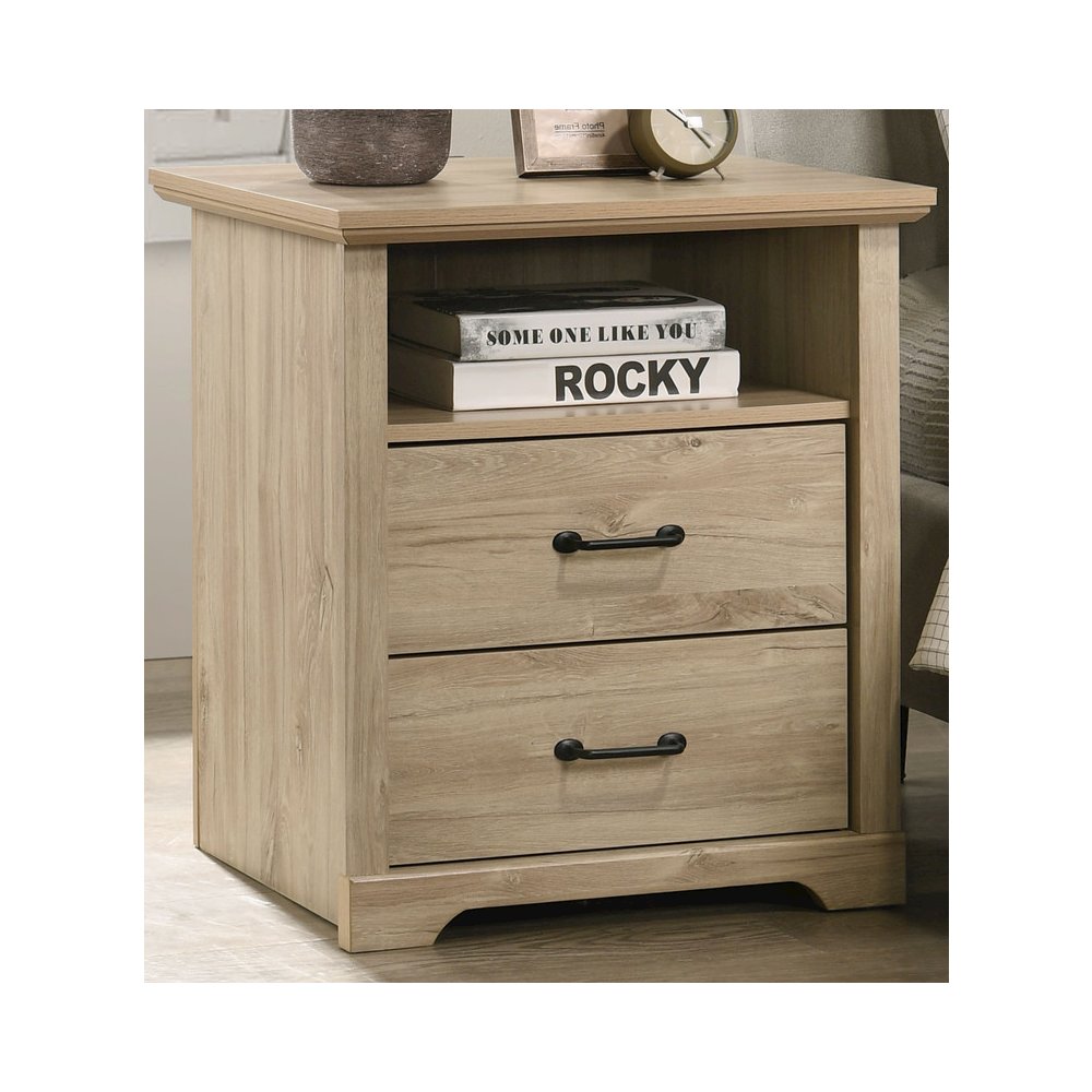 22"W Light Oak Finish 2-Drawer Nightstand Bedside Table with USB Charging  Ports. Picture 1