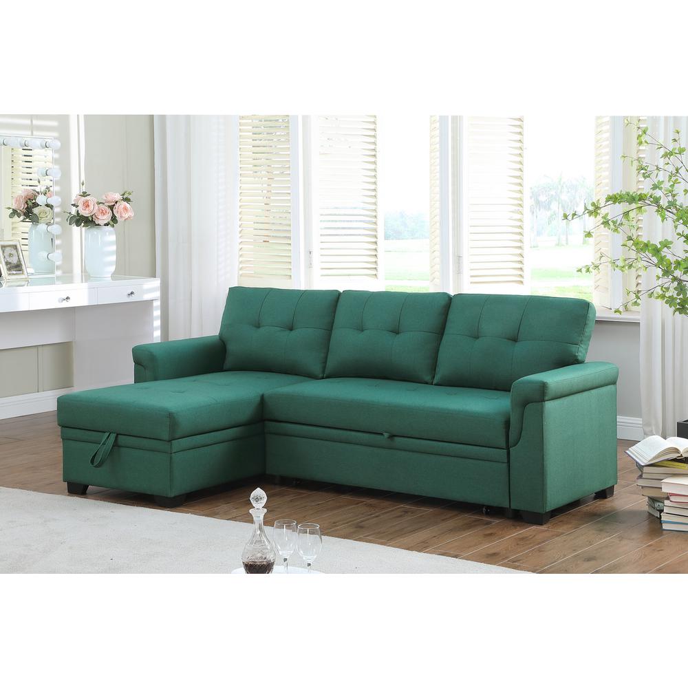 Lucca Green Linen Reversible Sleeper Sectional Sofa with Storage Chaise. Picture 8