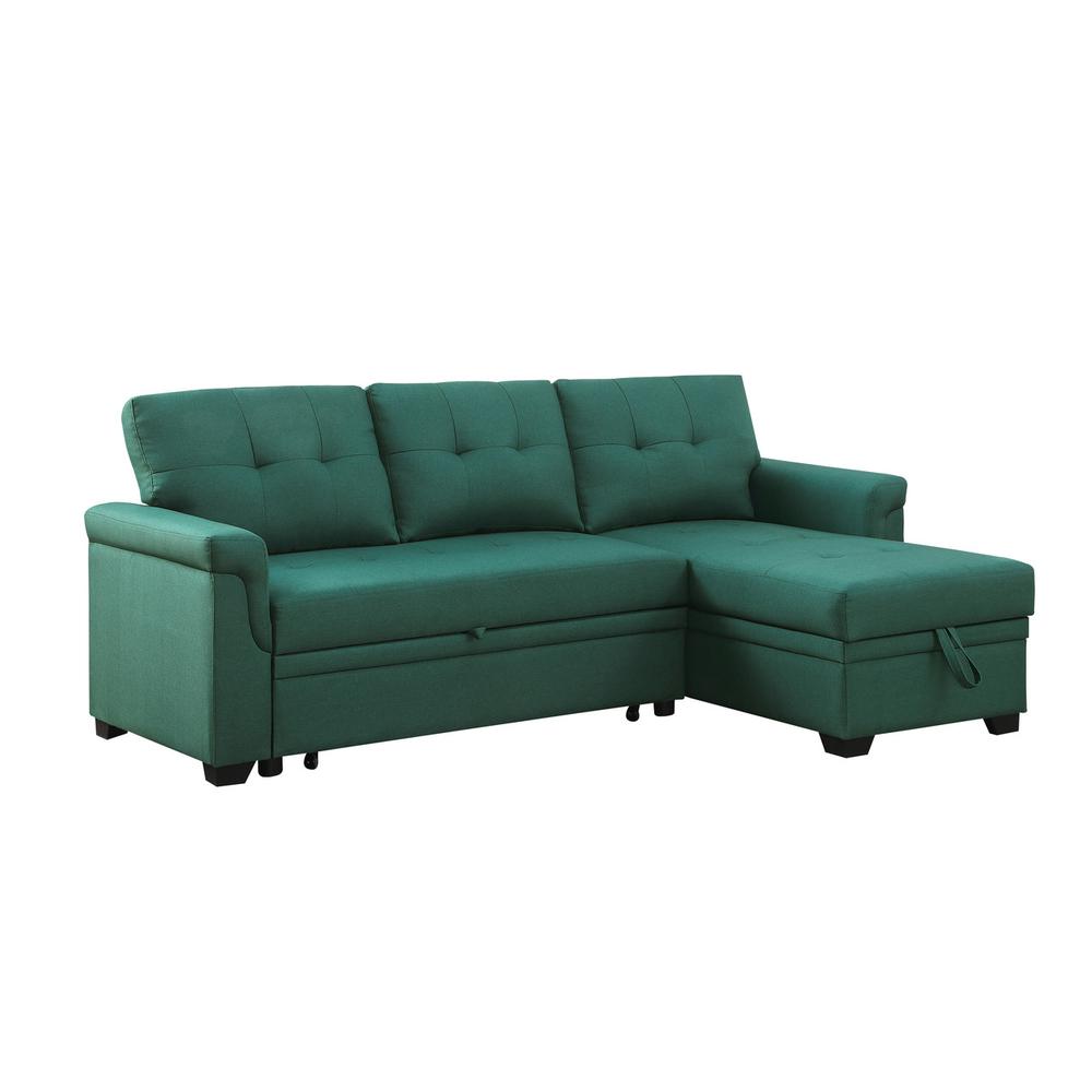 Lucca Green Linen Reversible Sleeper Sectional Sofa with Storage Chaise. Picture 1