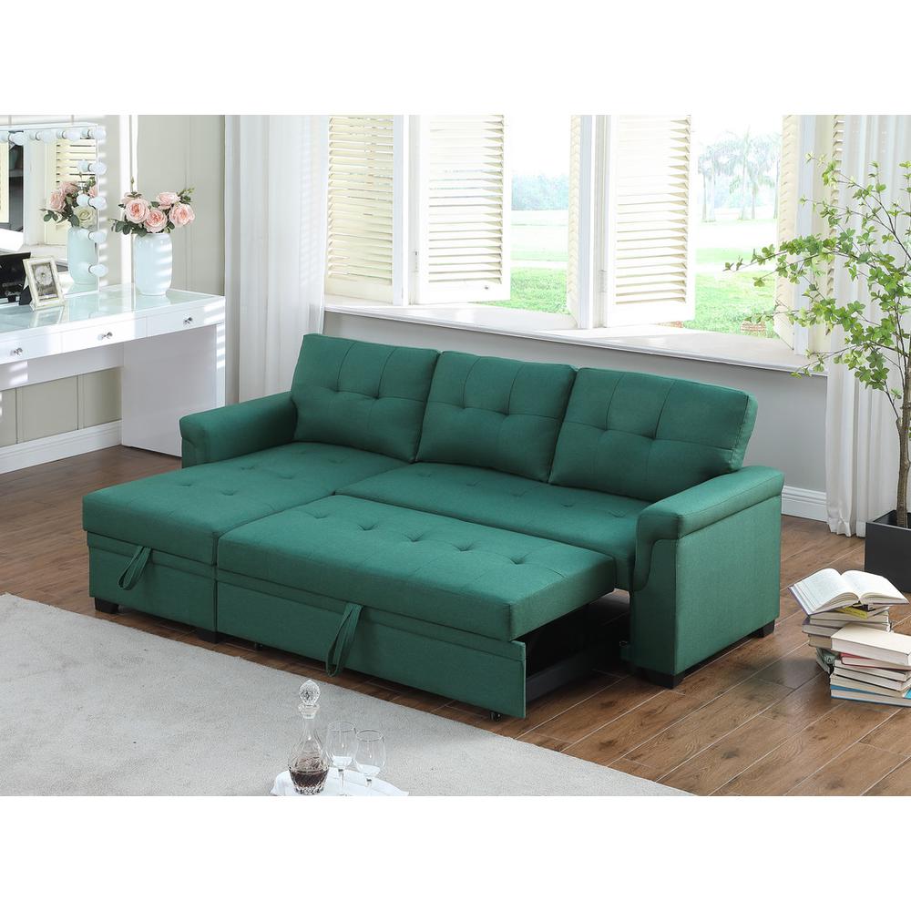 Lucca Green Linen Reversible Sleeper Sectional Sofa with Storage Chaise. Picture 5