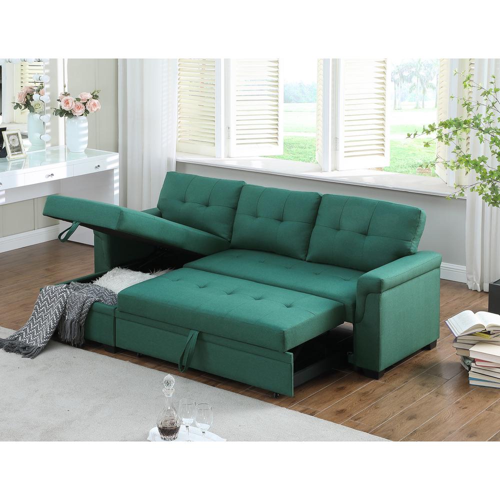 Lucca Green Linen Reversible Sleeper Sectional Sofa with Storage Chaise. Picture 6