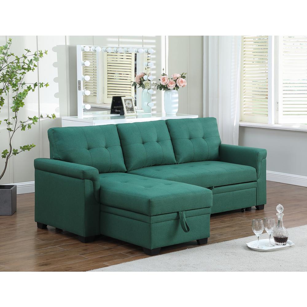 Lucca Green Linen Reversible Sleeper Sectional Sofa with Storage Chaise. Picture 7