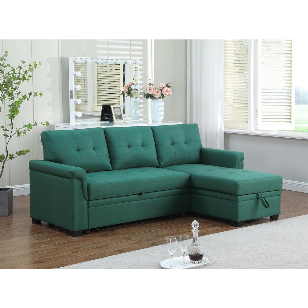 Lucca Green Linen Reversible Sleeper Sectional Sofa with Storage Chaise. Picture 9