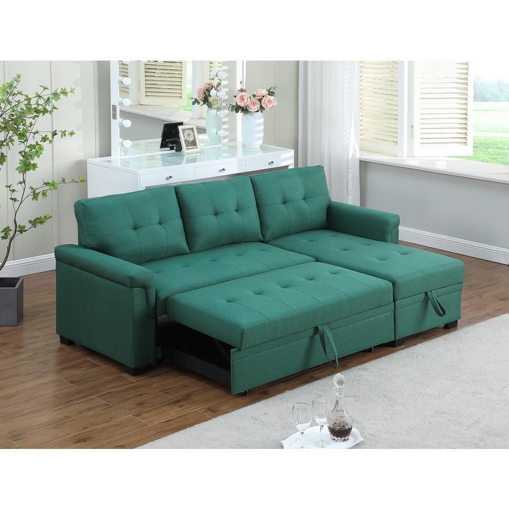 Lucca Green Linen Reversible Sleeper Sectional Sofa with Storage Chaise. Picture 10
