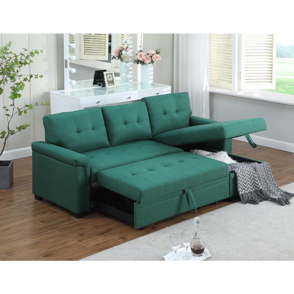 Lucca Green Linen Reversible Sleeper Sectional Sofa with Storage Chaise. Picture 11