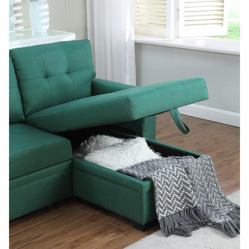 Lucca Green Linen Reversible Sleeper Sectional Sofa with Storage Chaise. Picture 13