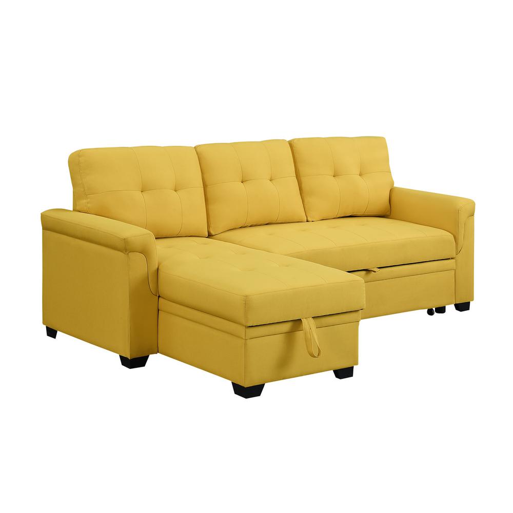 Lucca Yellow Linen Reversible Sleeper Sectional Sofa with Storage Chaise. Picture 1