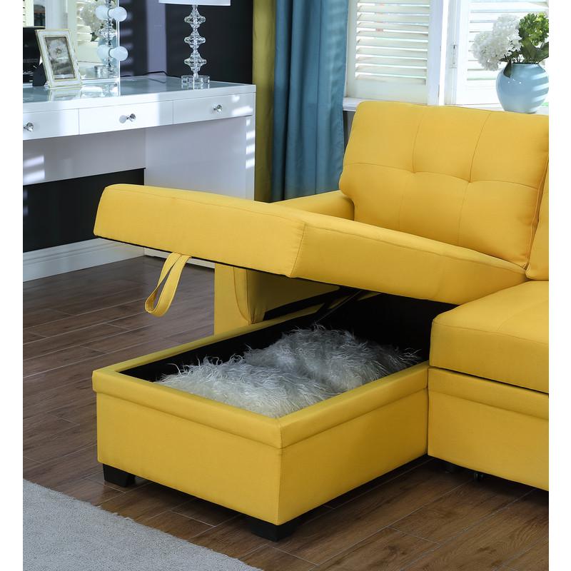 Lucca Yellow Linen Reversible Sleeper Sectional Sofa with Storage Chaise. Picture 11