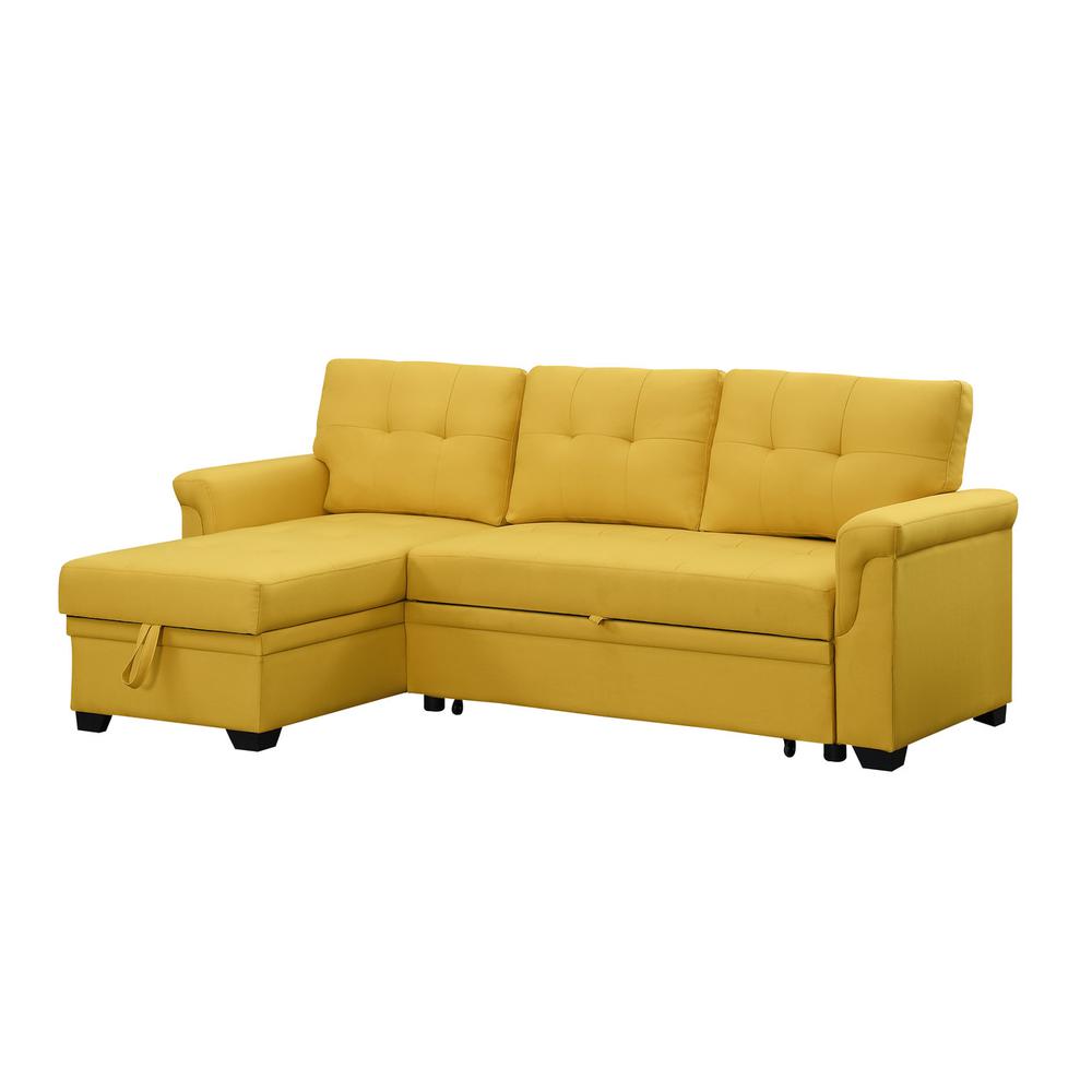 Lucca Yellow Linen Reversible Sleeper Sectional Sofa with Storage Chaise. Picture 2
