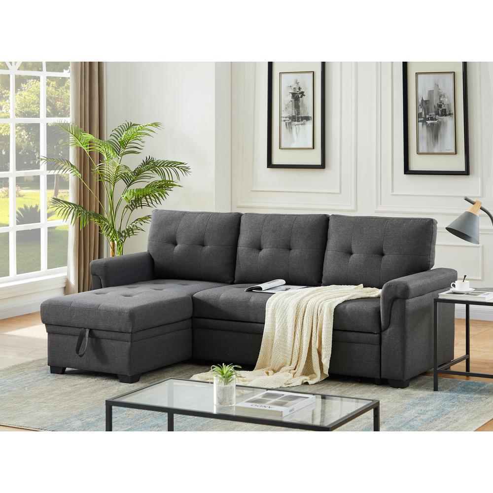 Lucca Dark Gray Linen Reversible Sleeper Sectional Sofa with Storage Chaise. Picture 7