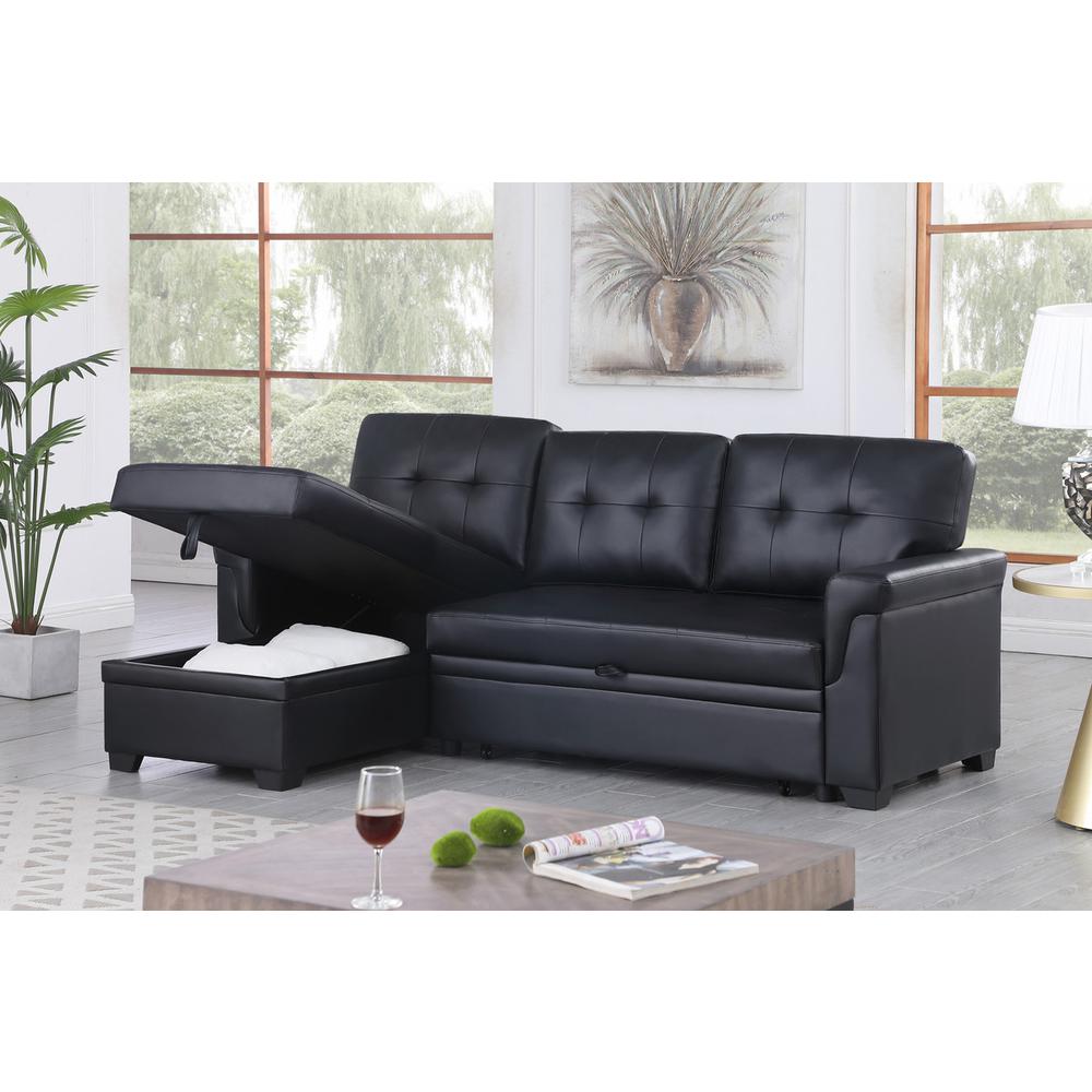 Lexi Black Synthetic Leather Modern Reversible Sleeper Sectional Sofa with Storage Chaise. Picture 6
